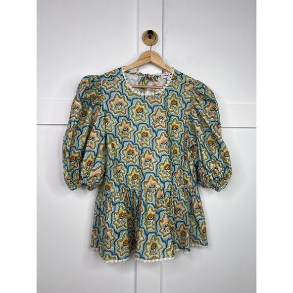 NEW Hunter Bell Puff Sleeves Peplum Cotton Lenny Tea Time Floral Top Blouse - Picture 2 of 9